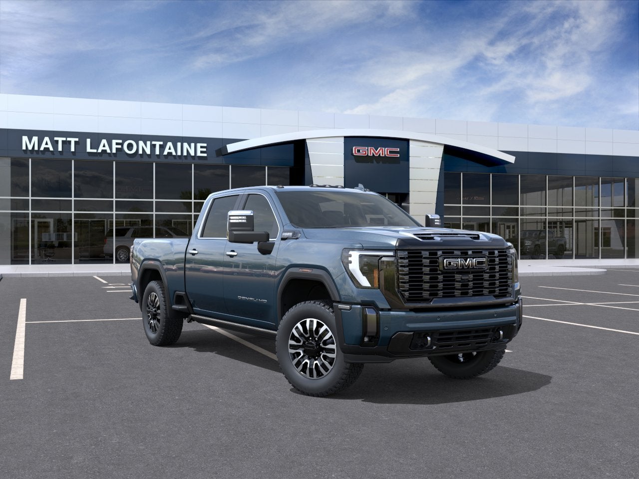 2026 GMC Sierra 2500 HD Denali Ultimate in Downpour Metallic — front three-quarter view